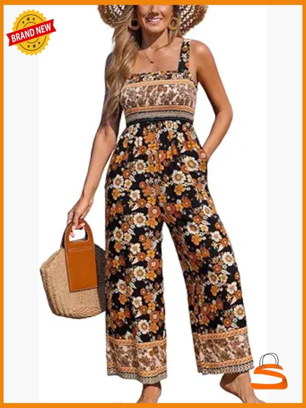 Women's Sleeveless Floral Jumpsuit with Pockets Wide Leg